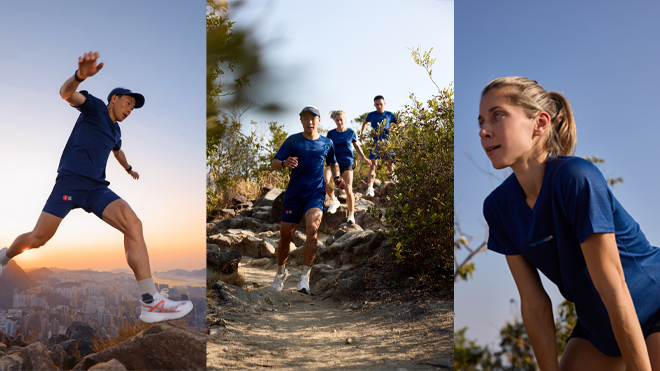 A triptych showing athletes trail running in dark blue ANTA GUANJUN Merino wool apparel: a man leaping over rocks at sunrise, a group descending a rugged trail, and a close-up of a focused female runner. (https://www.woolmark.com)