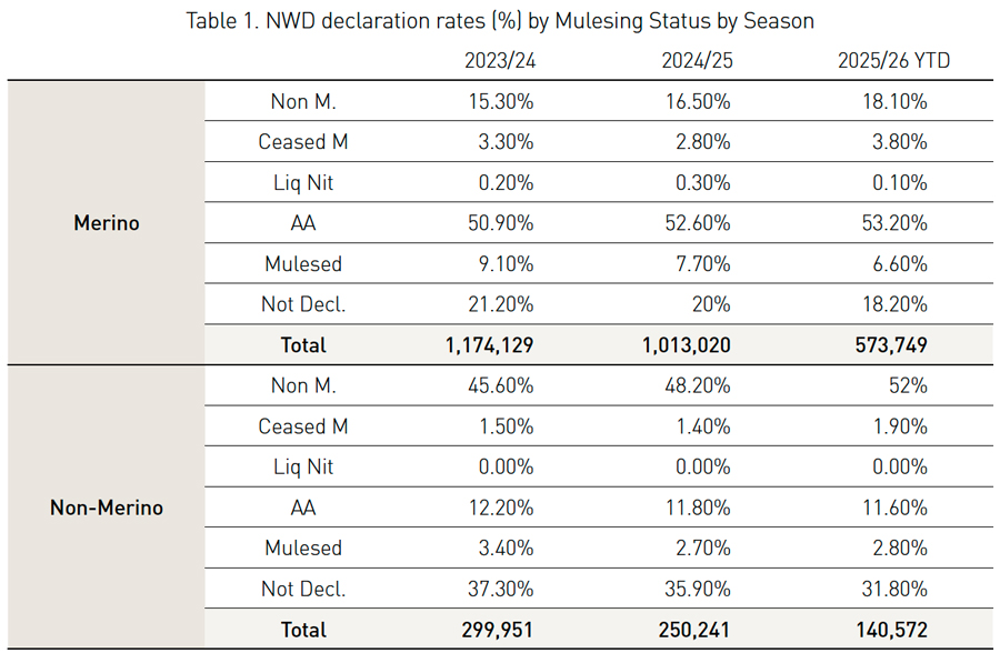 NWD declaration rates by mulesing status for Merino and Non-Merino wool across 2023/24, 2024/25 and 2025/26 YTD, showing increases in non-mulesed (AA) wool and declines in mulesed and not declared categories